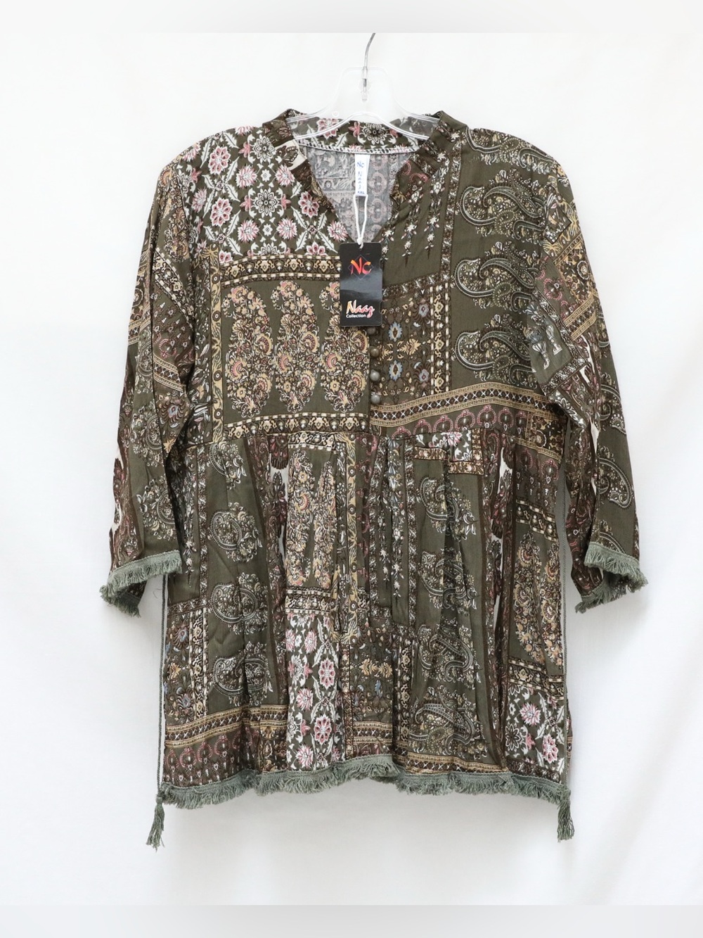 NWT boho top olive green paisley ethnic print M L OS fringe lightweight new